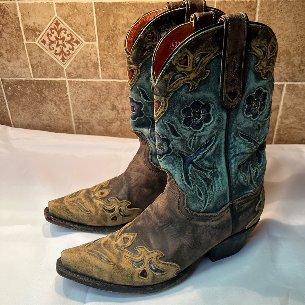Dan Post Vintage Blue Bird Leather Cowboy Boots Snip Toe Size 8